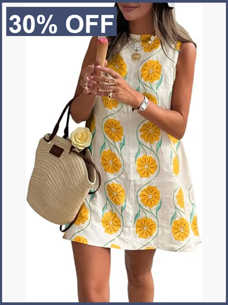 Sleeveless Floral Short Shift Dress Cotton Linen Scoop Neck Mini Dress